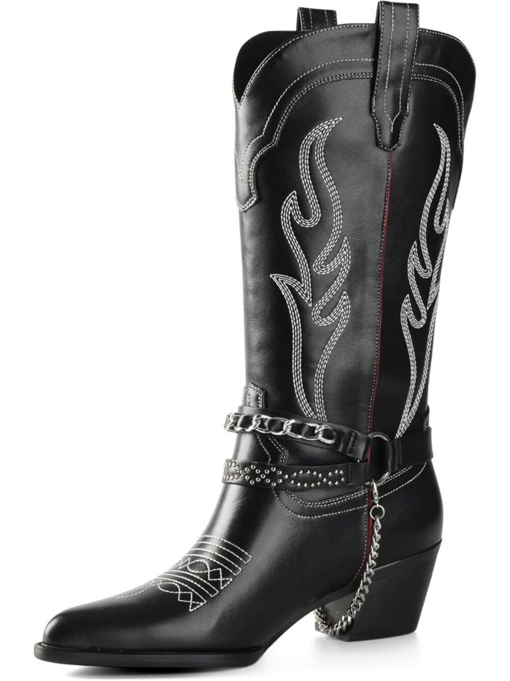 Women's Black Western Boots with Embroidered, Pull on Style, Faux Leather